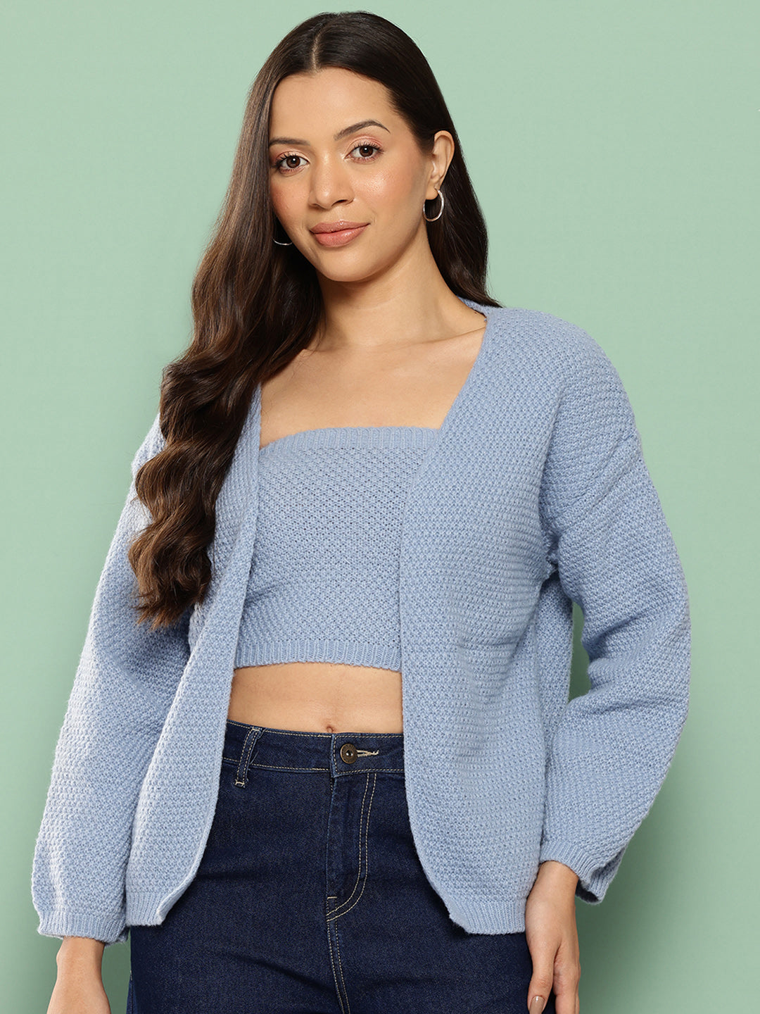 BROOWL Women Woollen Front-Open Sweater With Top