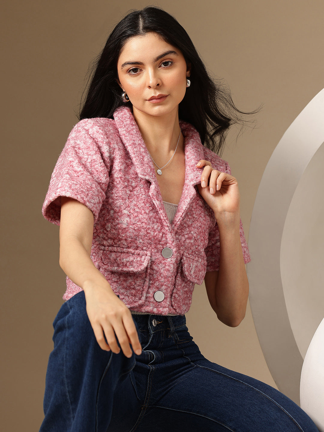 Self Design Single-Breasted Woollen Tweed Crop Blazer