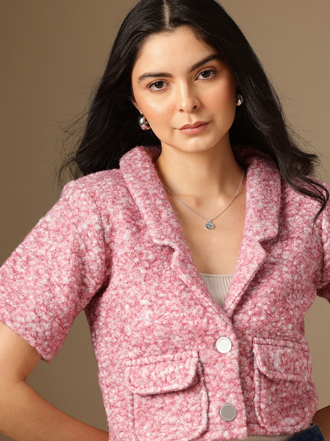 Self Design Single-Breasted Woollen Tweed Crop Blazer