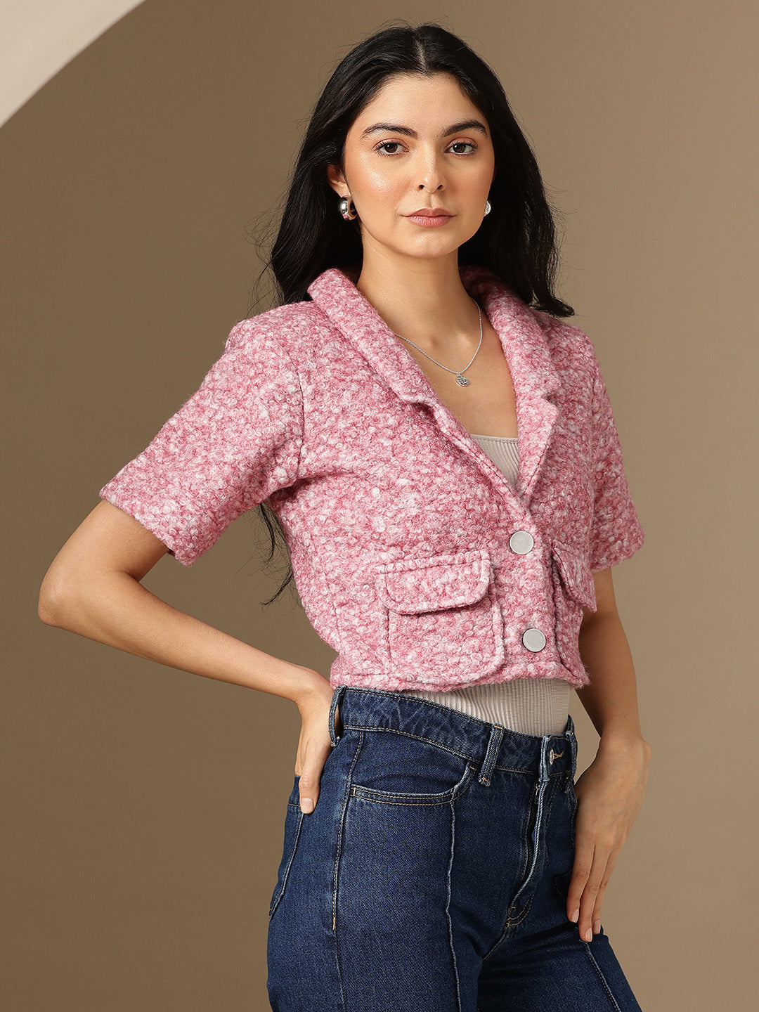 Self Design Single-Breasted Woollen Tweed Crop Blazer