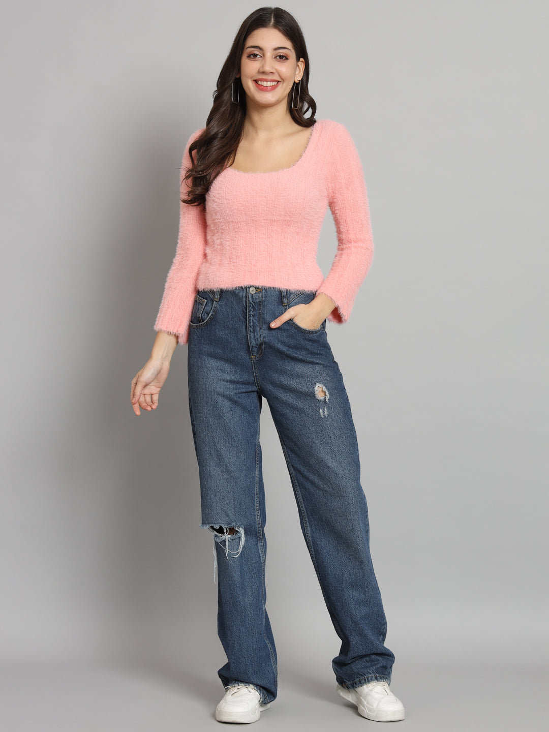 BROOWL Women's Peach Round Neck Fur Sweater