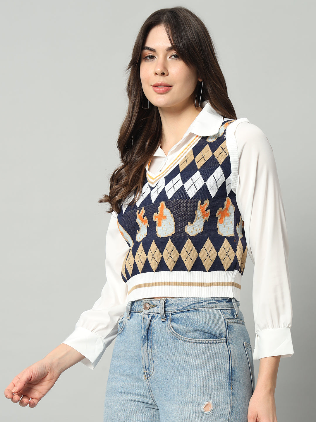 BROOWL Women's Geometric Printed Woollen Sweater Vest