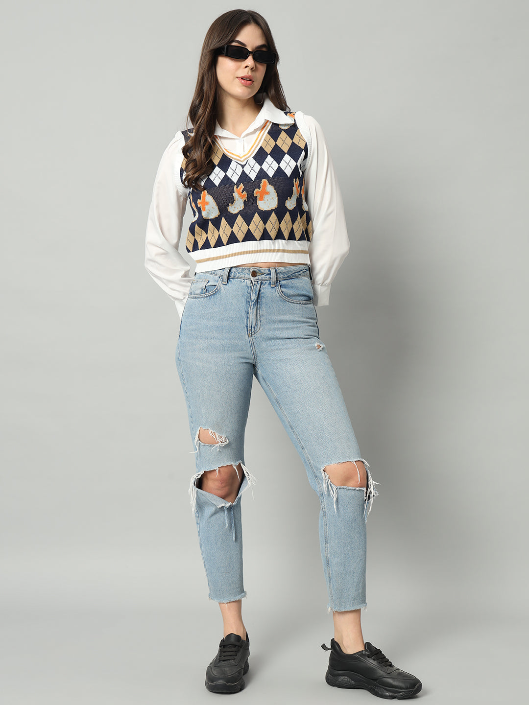 BROOWL Women's Geometric Printed Woollen Sweater Vest