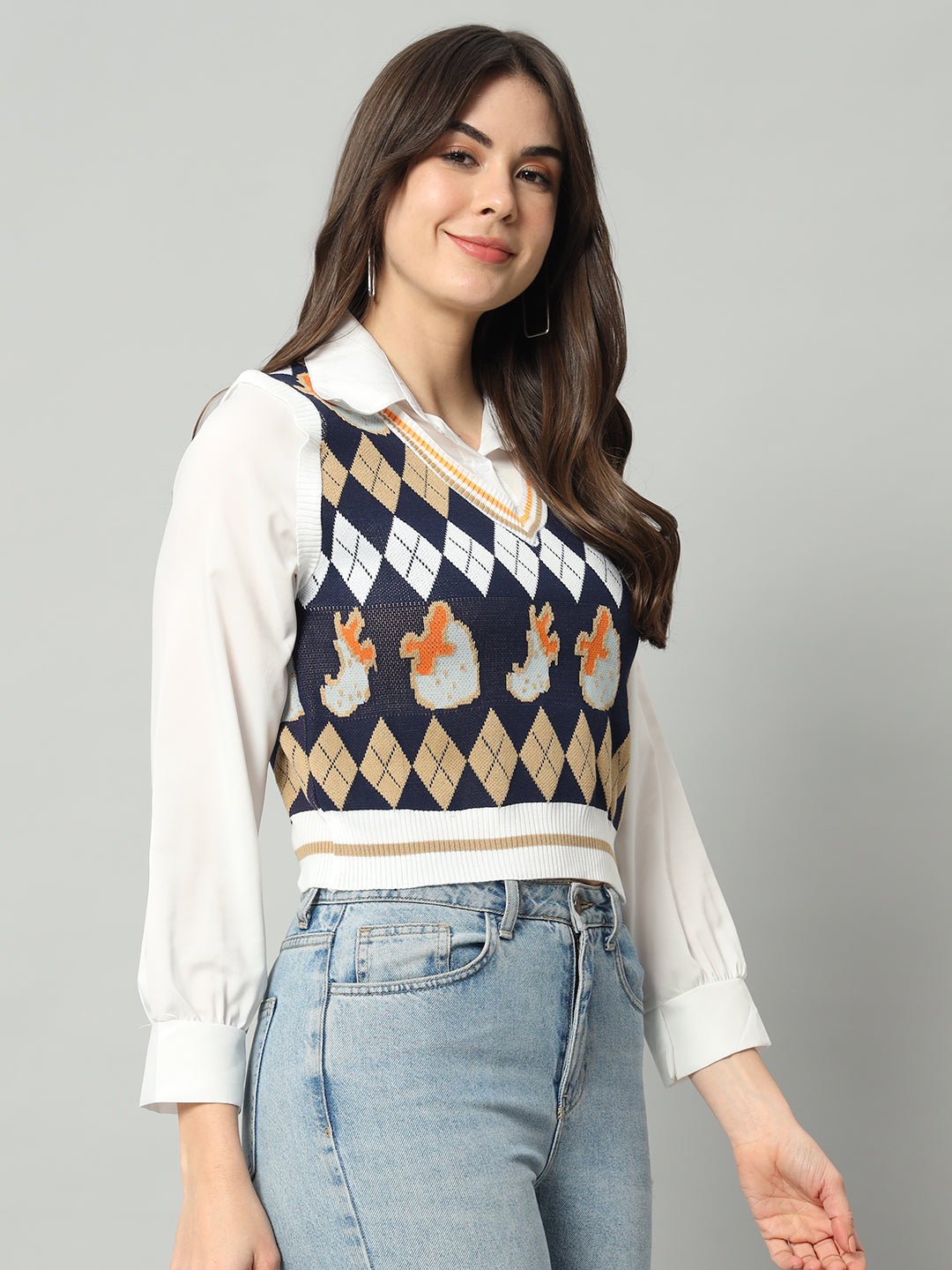 BROOWL Women's Geometric Printed Woollen Sweater Vest