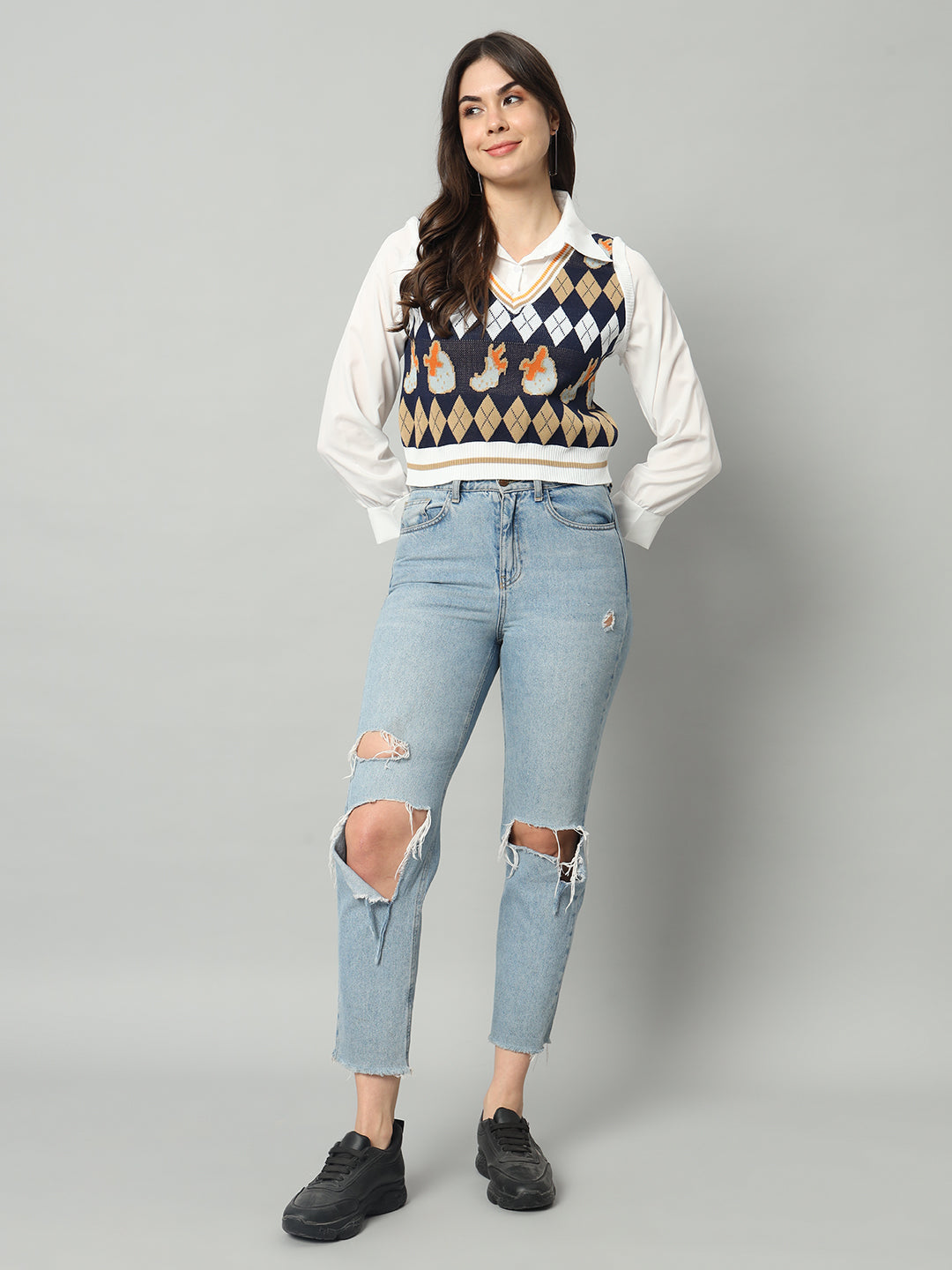 BROOWL Women's Geometric Printed Woollen Sweater Vest