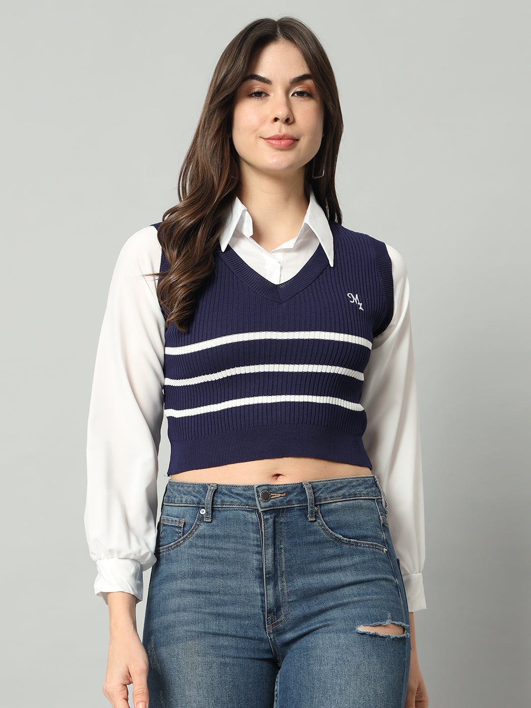 BROOWL Women s Striped Cropped Woollen Shirt With Attached Sweater