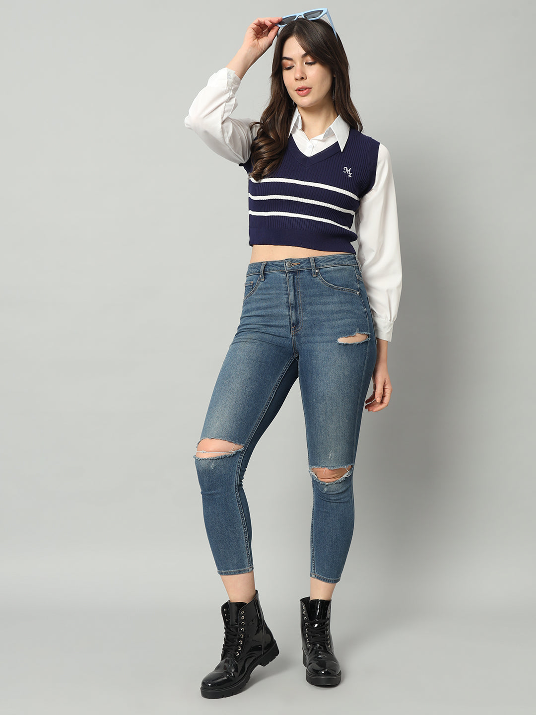 BROOWL Women's Striped Cropped Woollen Shirt With Attached Sweater