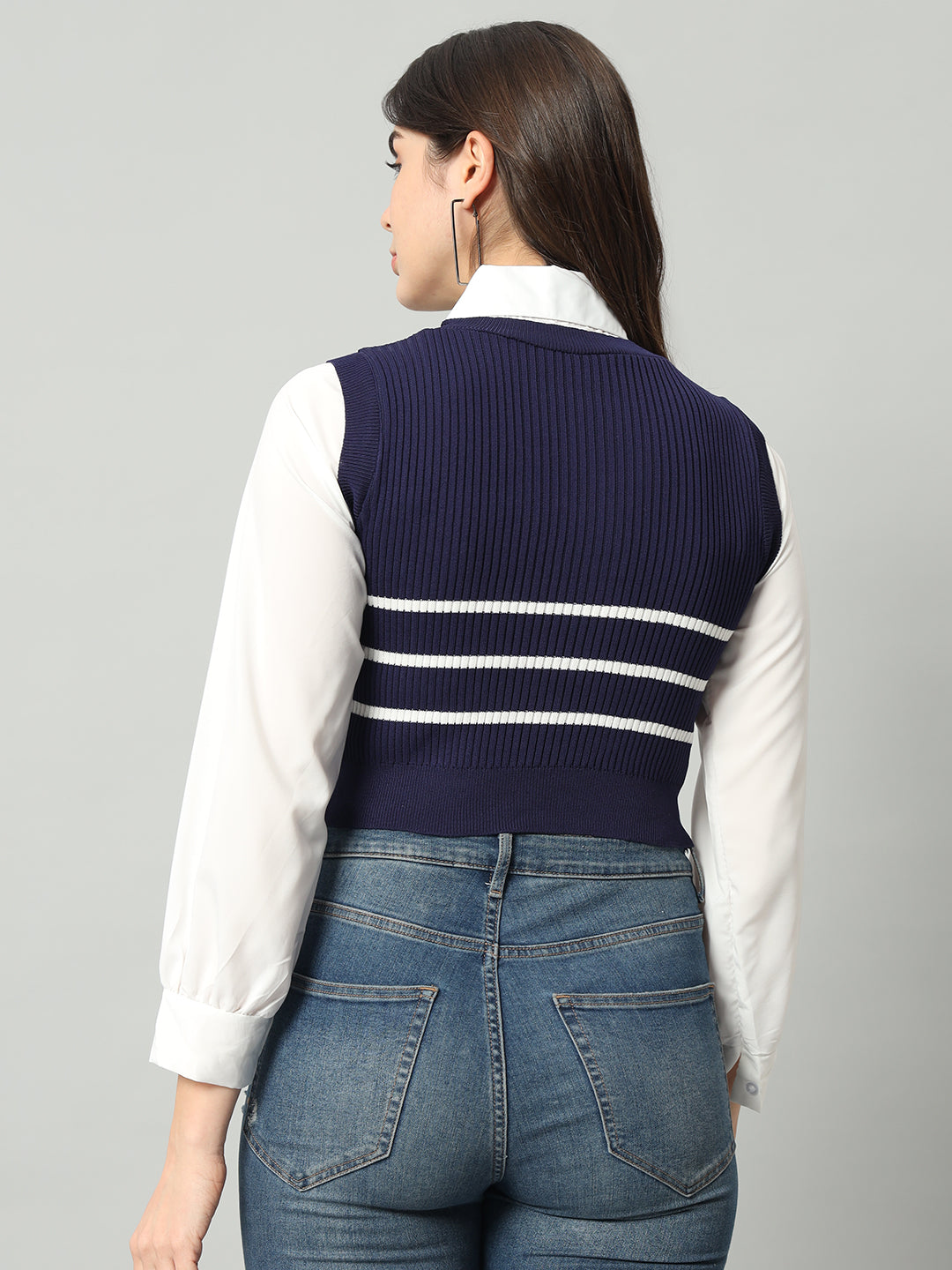 BROOWL Women's Striped Cropped Woollen Shirt With Attached Sweater