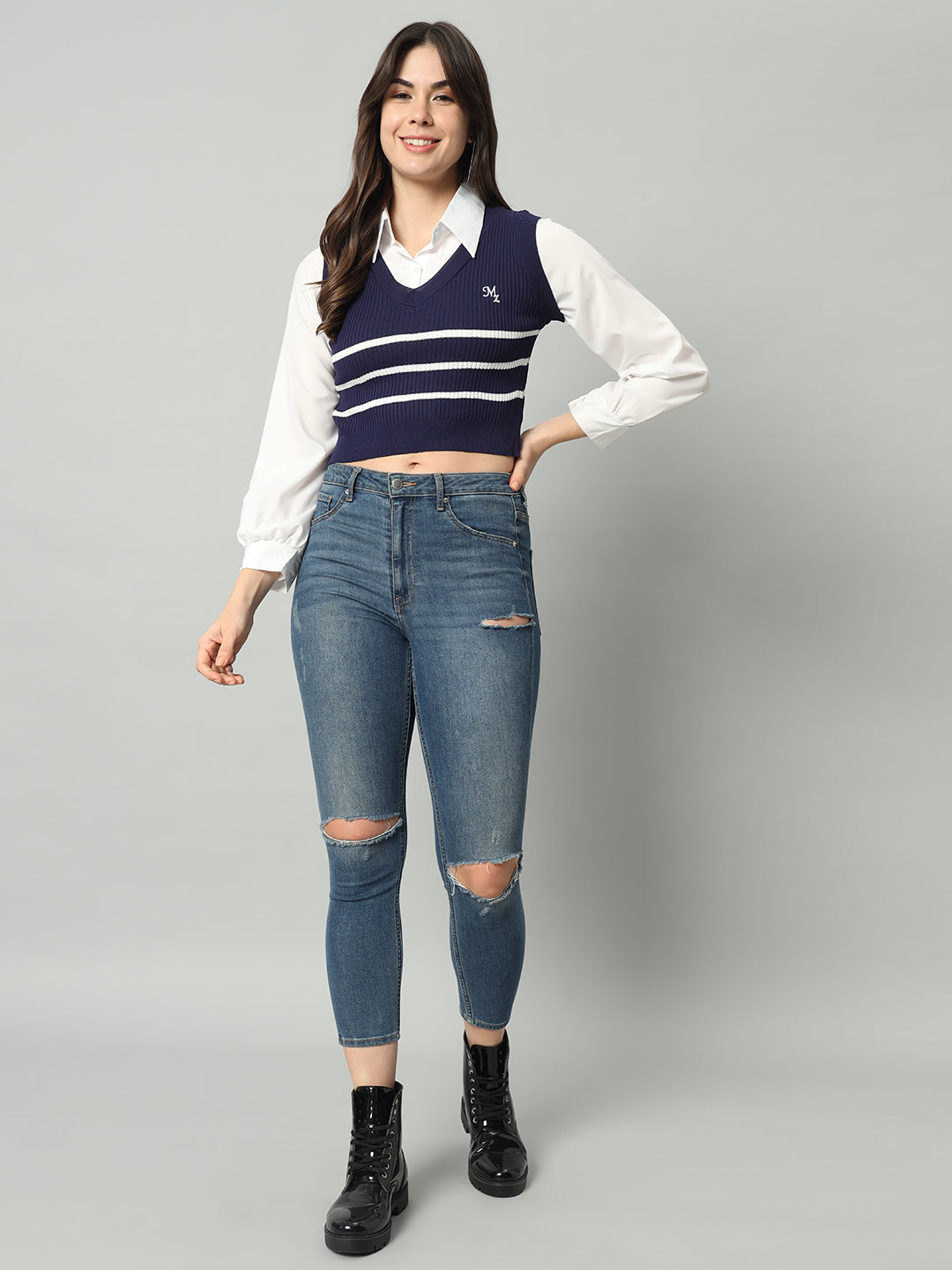 BROOWL Women's Striped Cropped Woollen Shirt With Attached Sweater