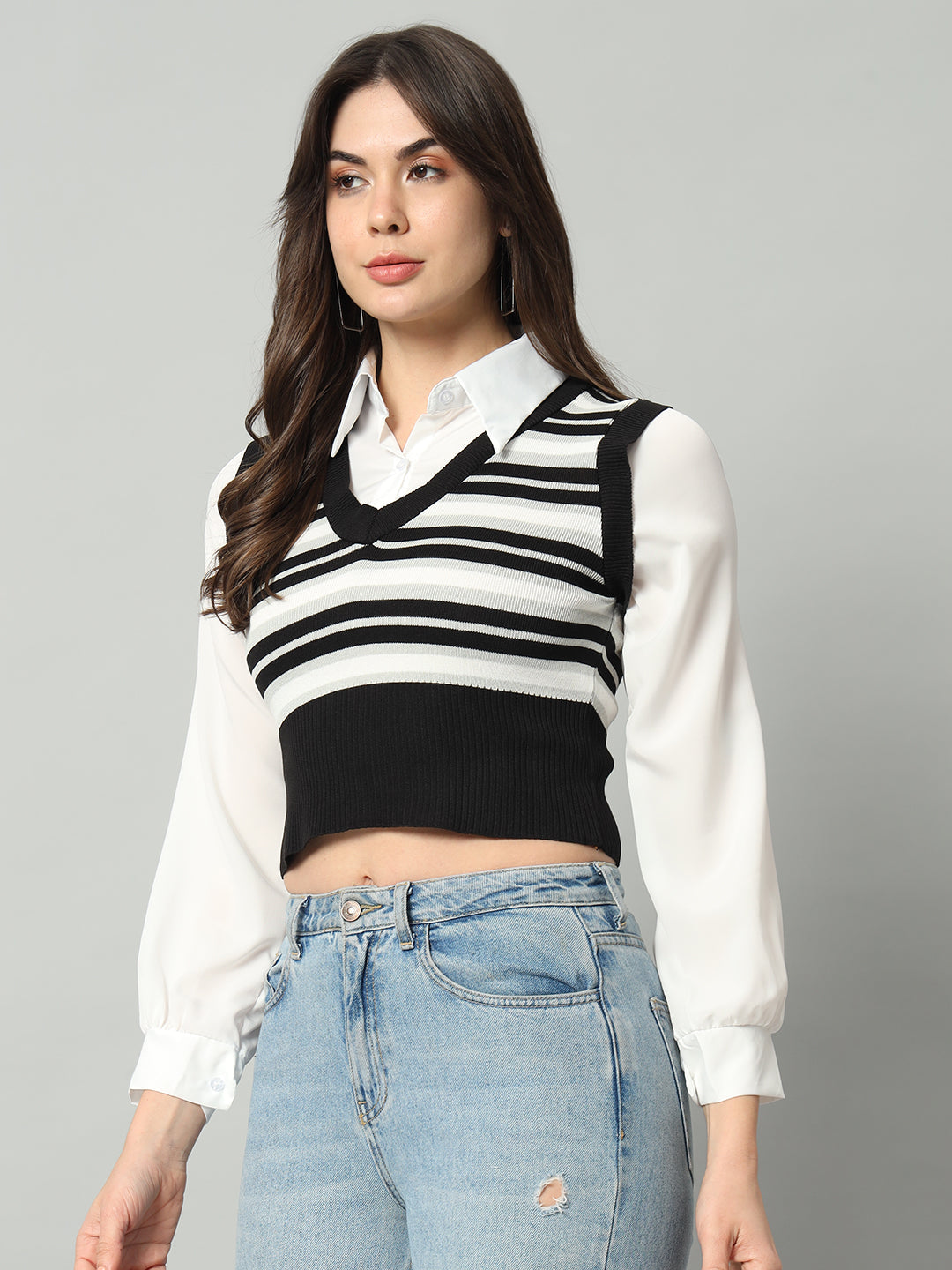 BROOWL Women's Striped V-Neck Cropped Woollen Sweater Vest
