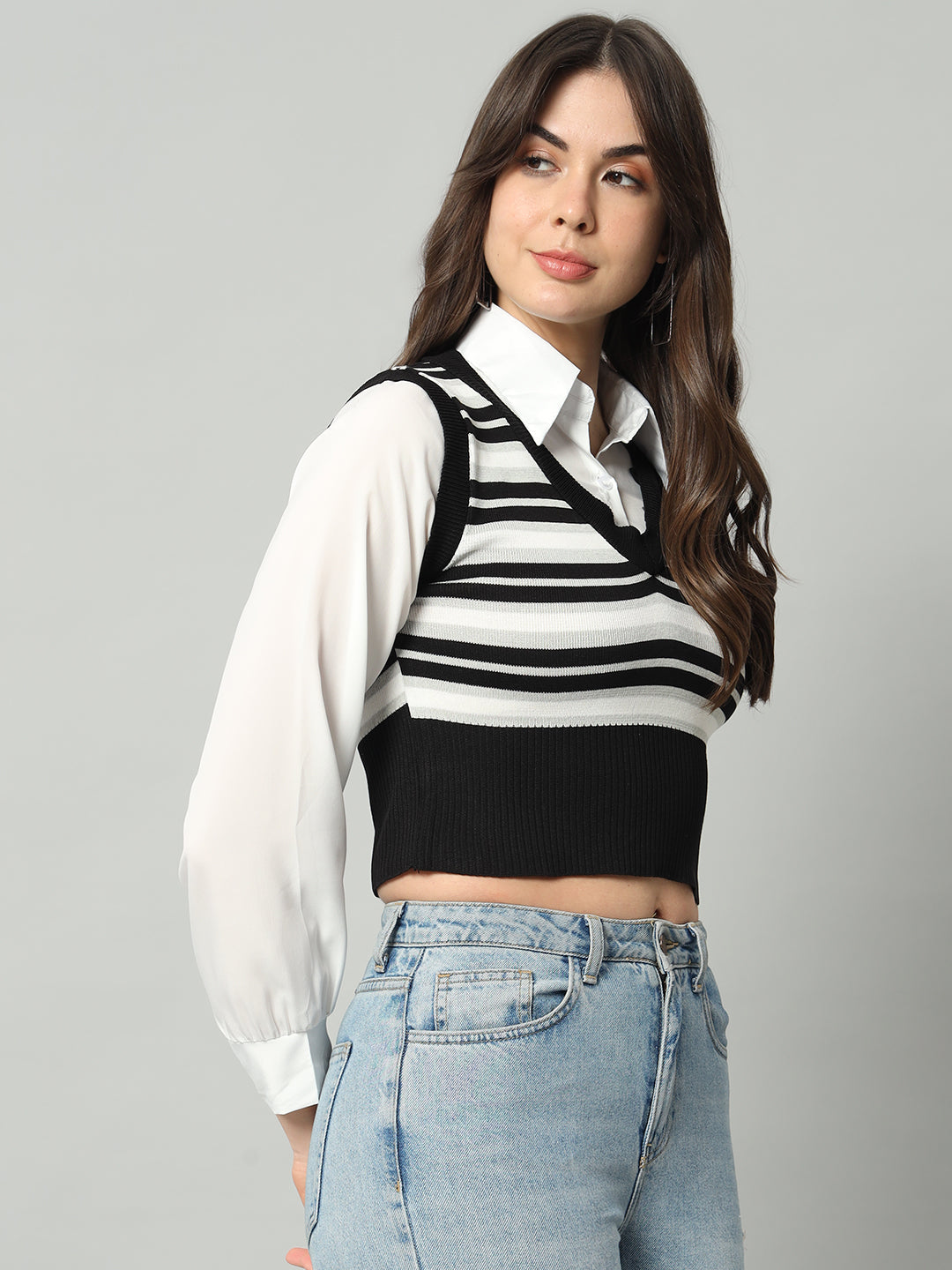 BROOWL Women's Striped V-Neck Cropped Woollen Sweater Vest