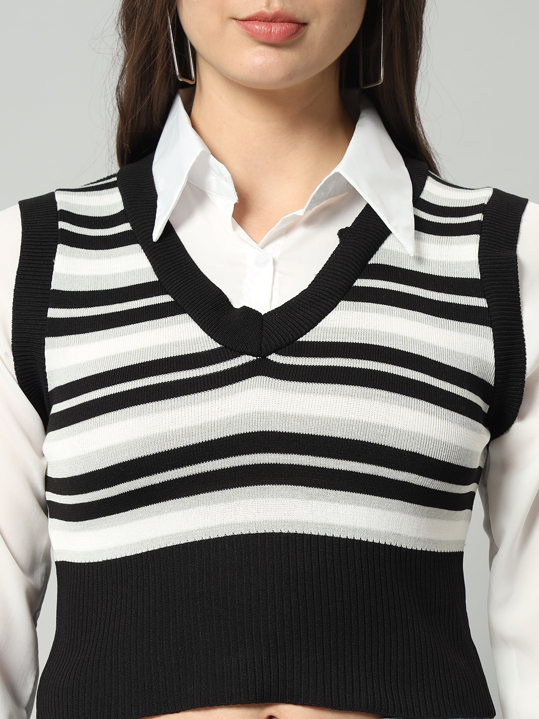 BROOWL Women's Striped V-Neck Cropped Woollen Sweater Vest