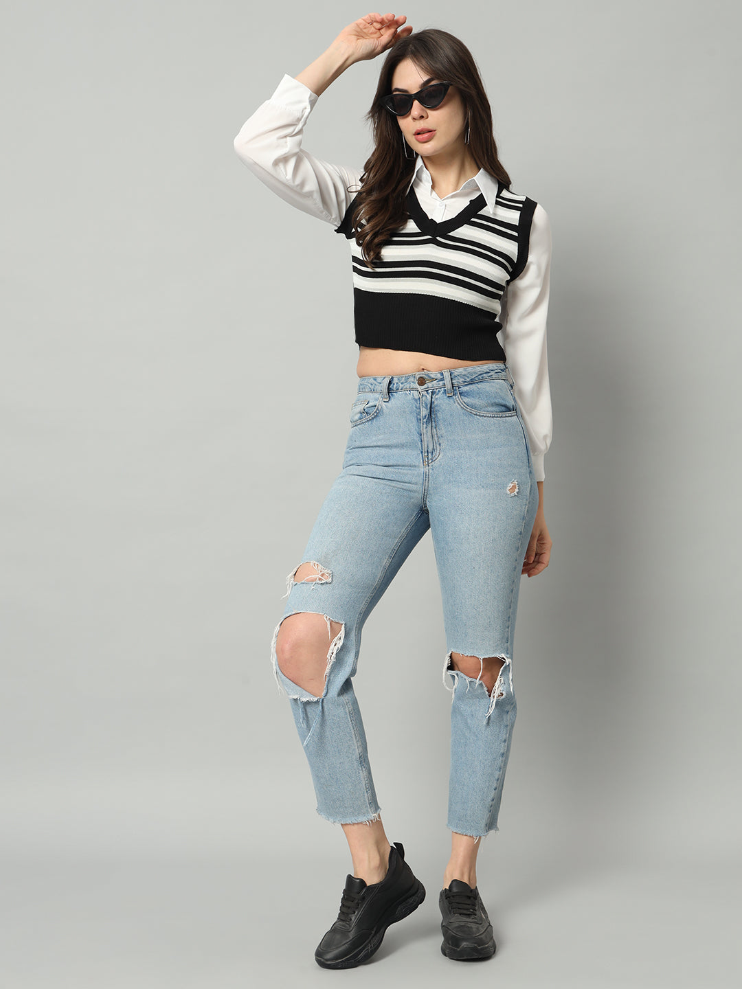 BROOWL Women's Striped V-Neck Cropped Woollen Sweater Vest