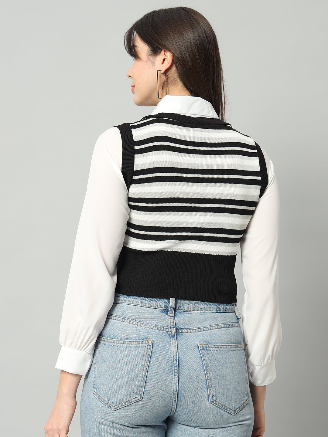 BROOWL Women's Striped V-Neck Cropped Woollen Sweater Vest
