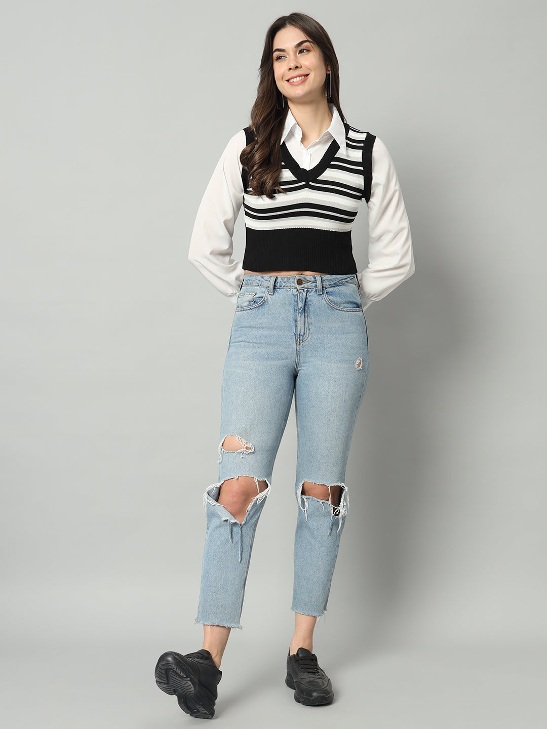 BROOWL Women's Striped V-Neck Cropped Woollen Sweater Vest