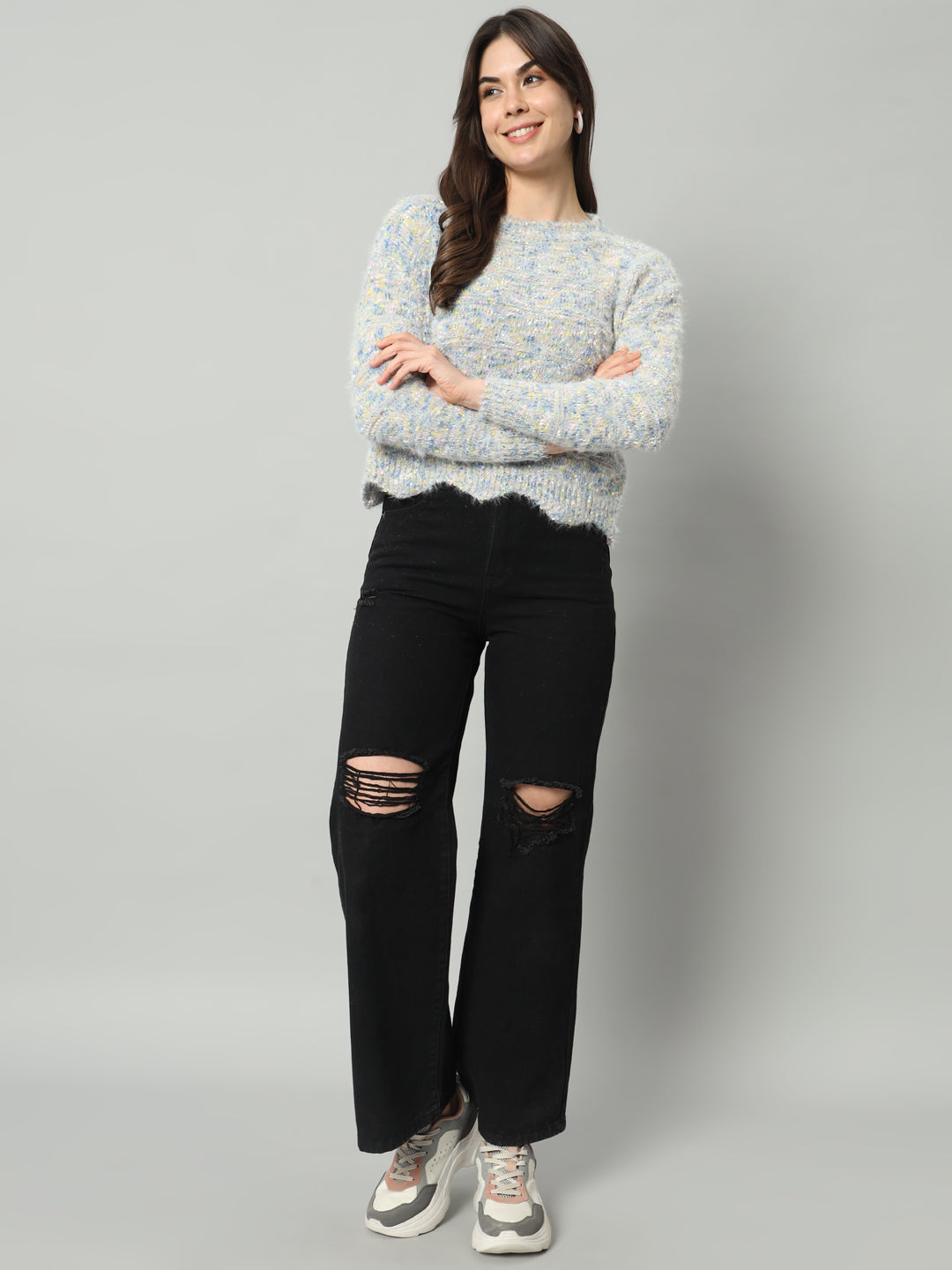 BROOWL Women Grey & Multicoloured Speckled Woollen Pullover