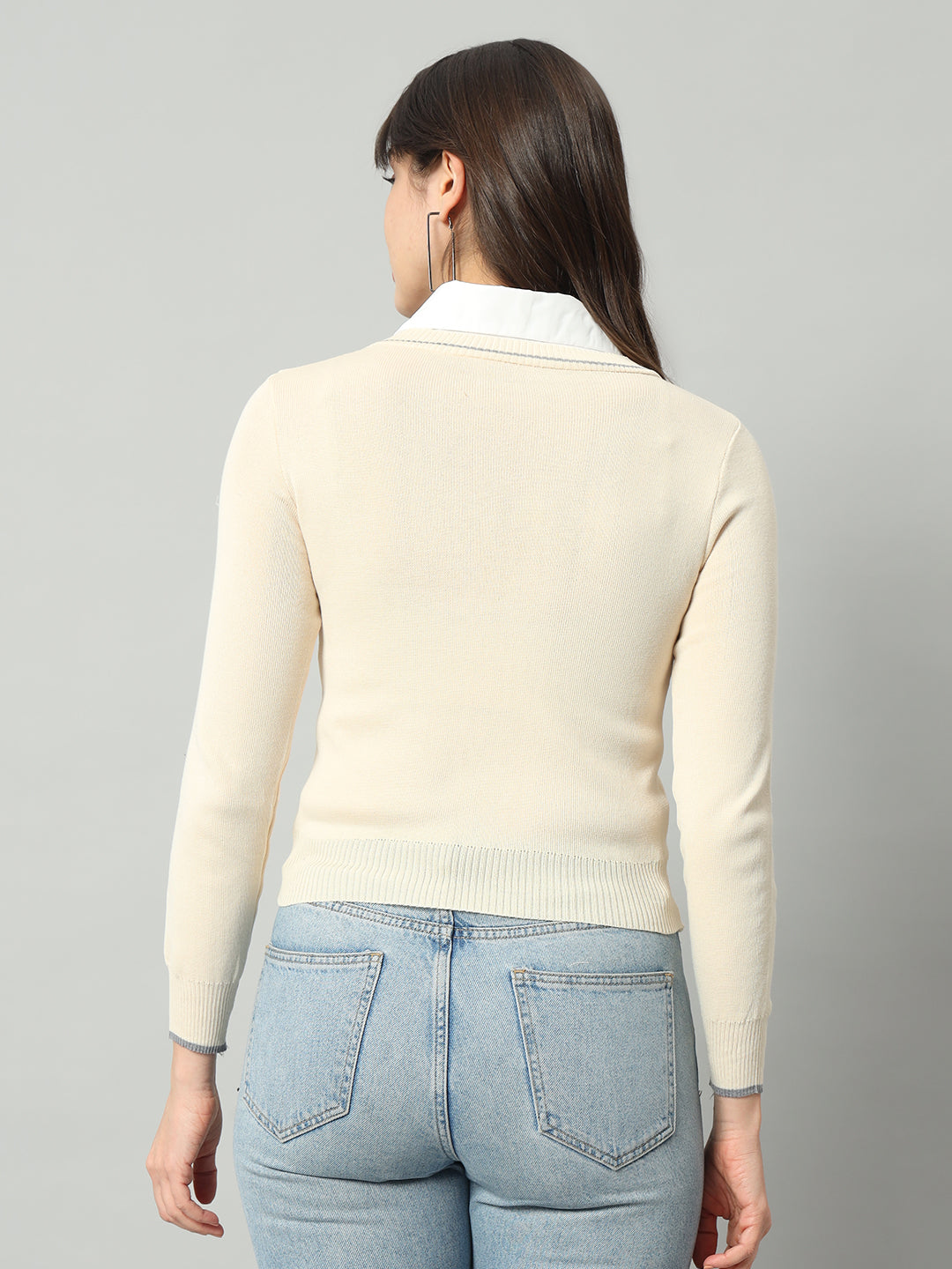 BROOWL Women Cream-Coloured Woollen Pullover