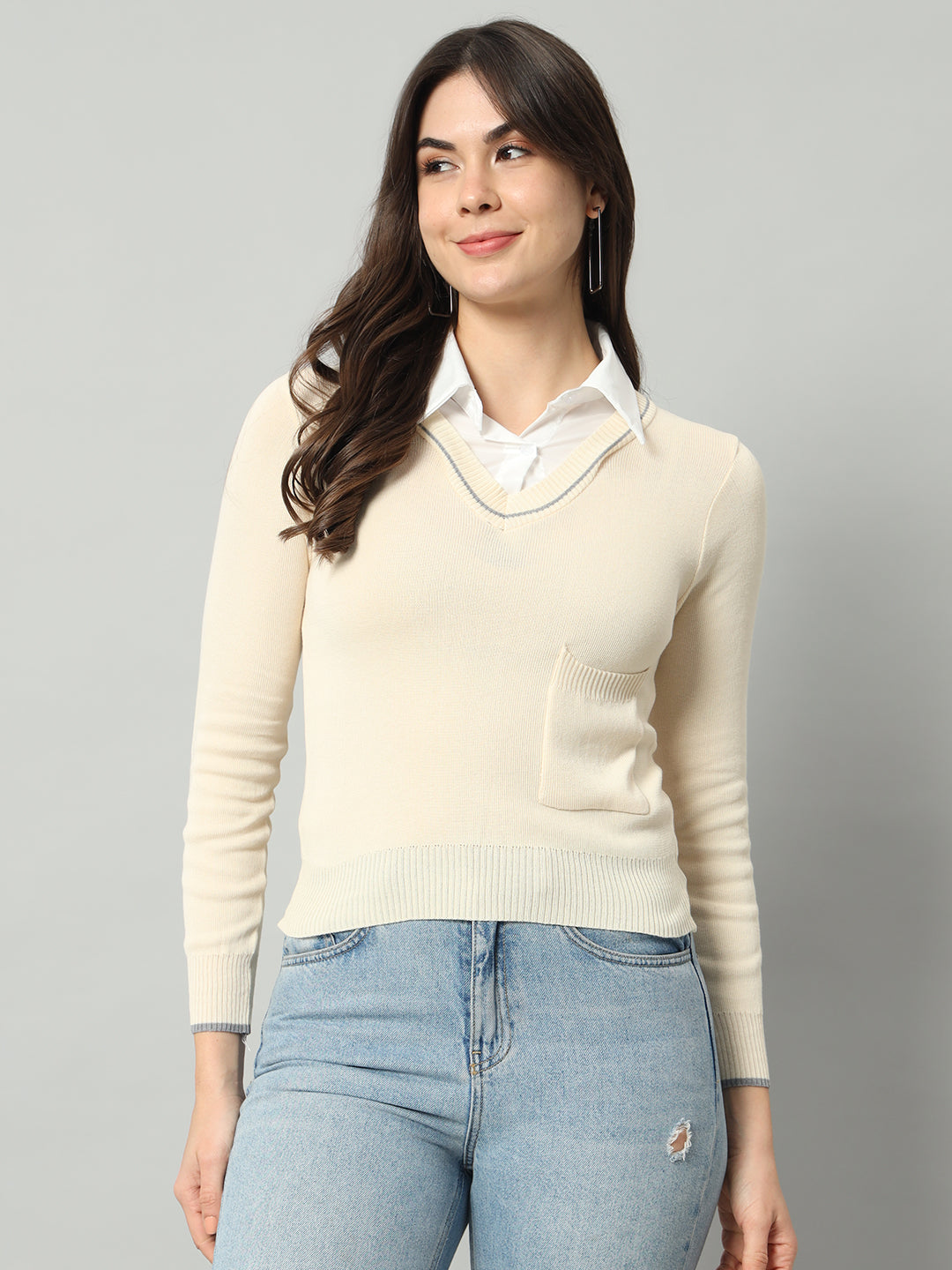 BROOWL Women Cream-Coloured Woollen Pullover