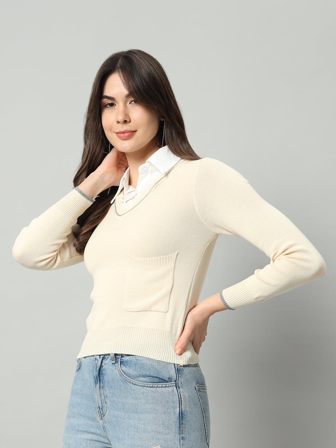 BROOWL Women Cream-Coloured Woollen Pullover