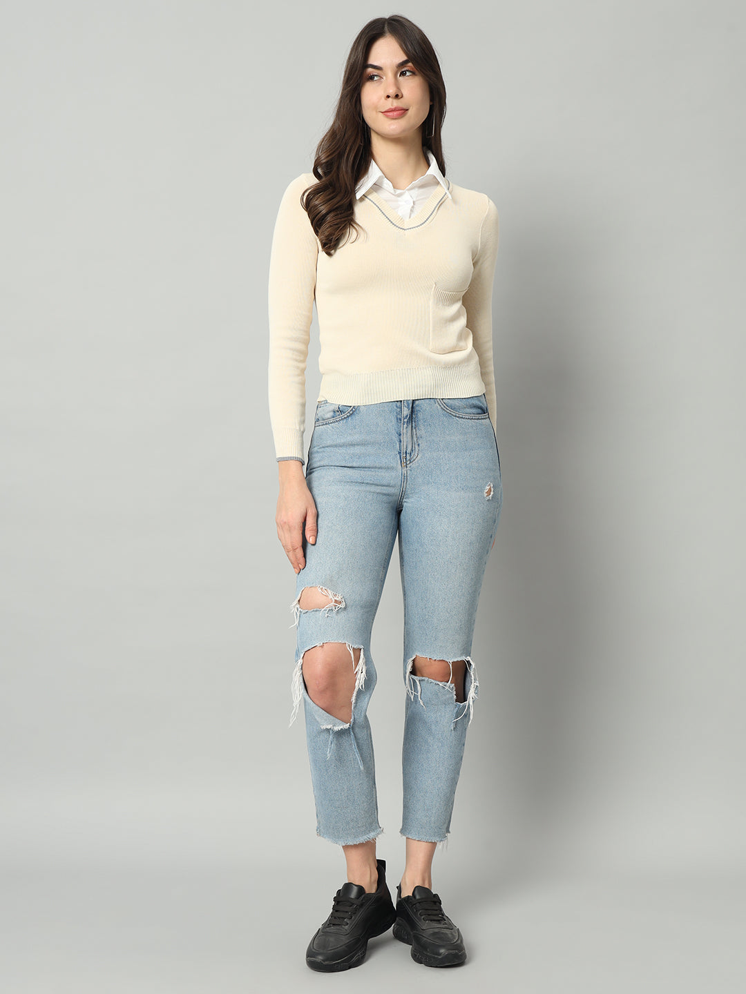 BROOWL Women Cream-Coloured Woollen Pullover