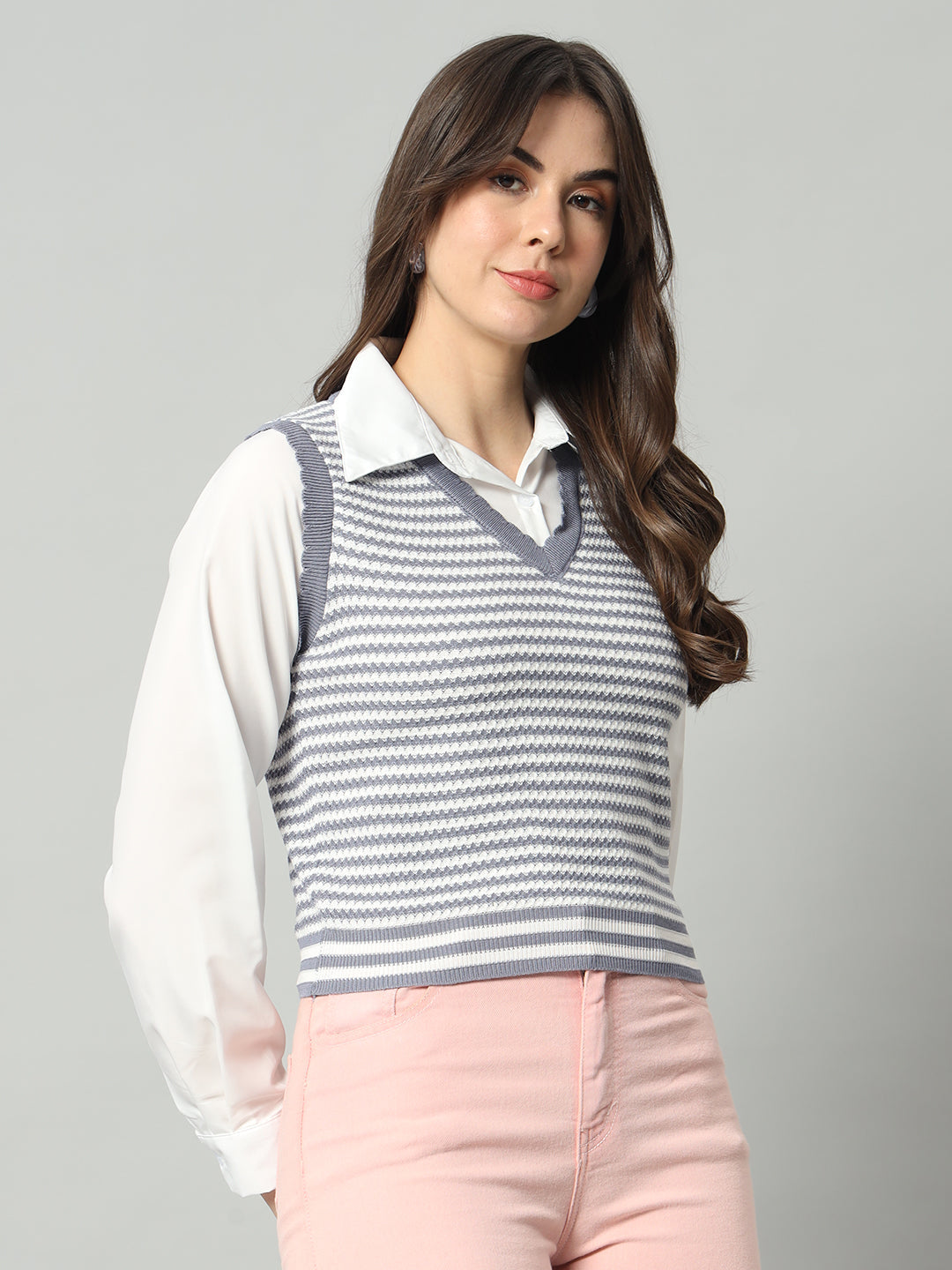 BROOWL Women Grey & White Striped Woollen Sweater Vest