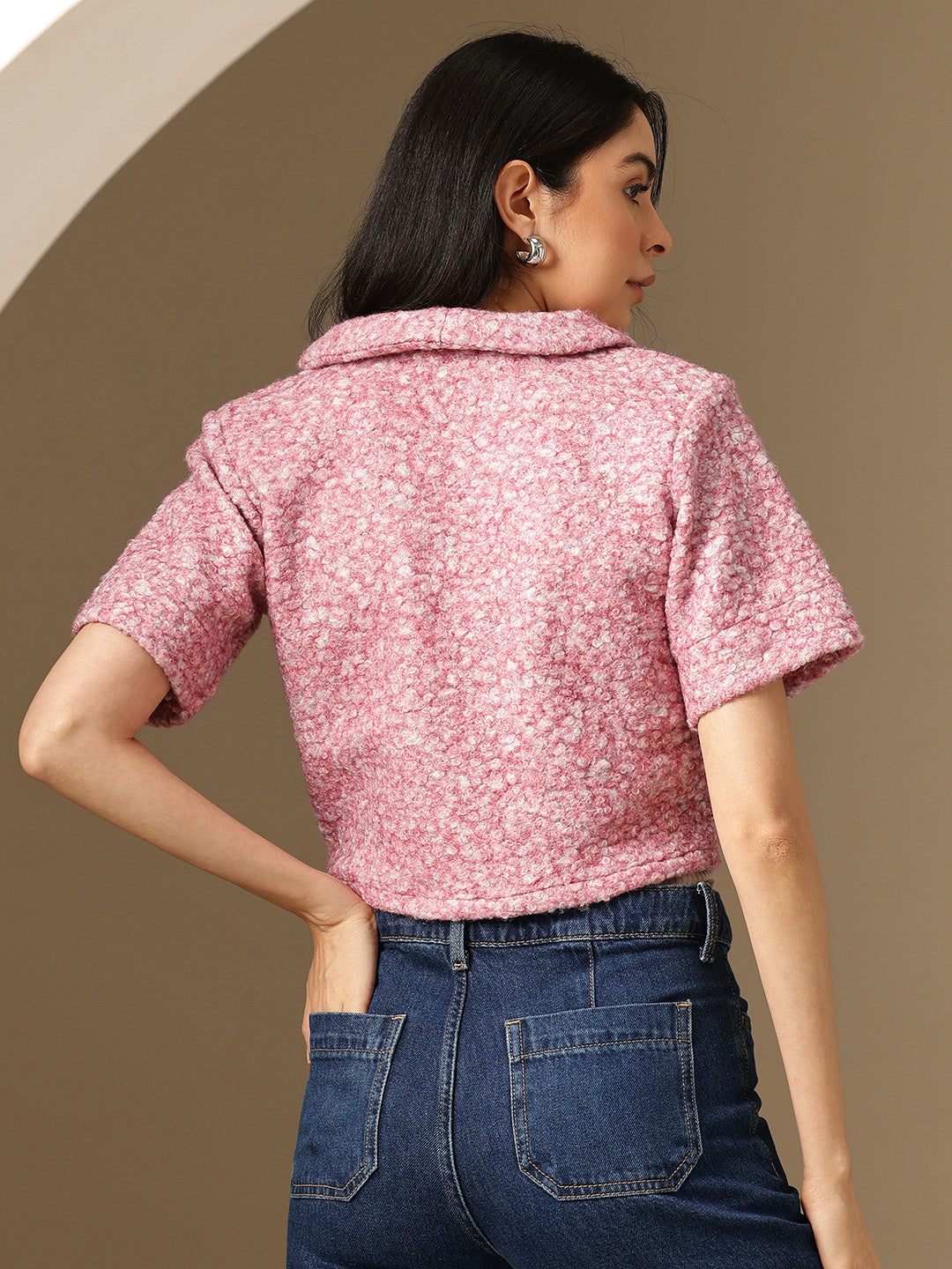 Self Design Single-Breasted Woollen Tweed Crop Blazer