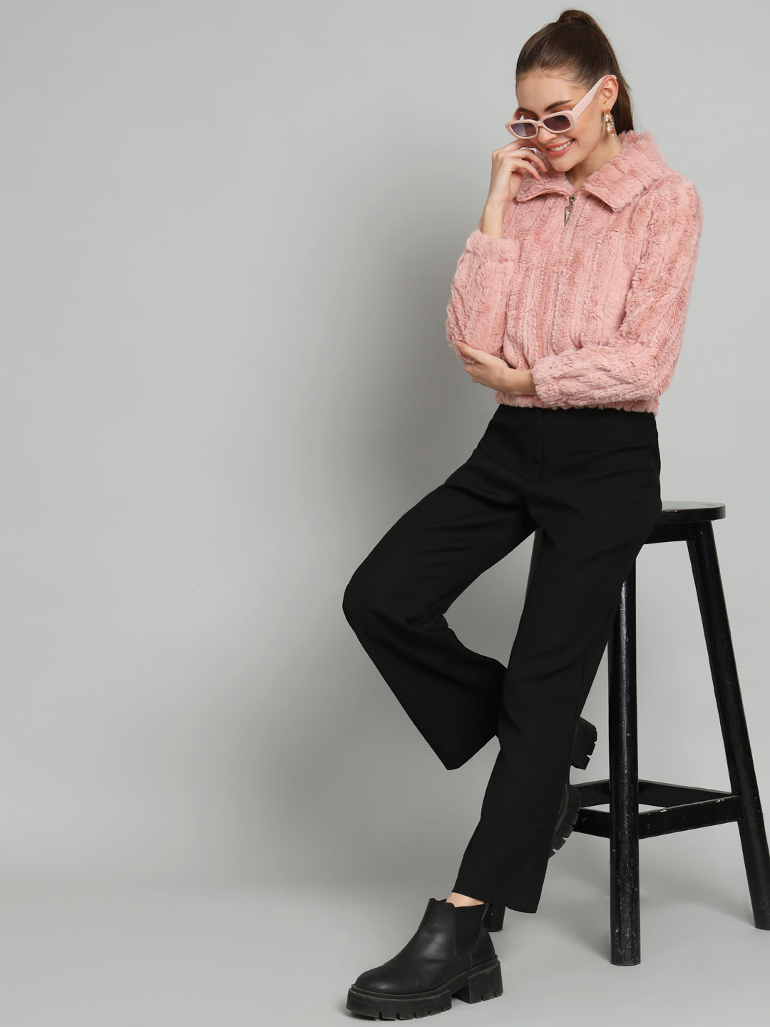 Pink Crop Pullover with Collar