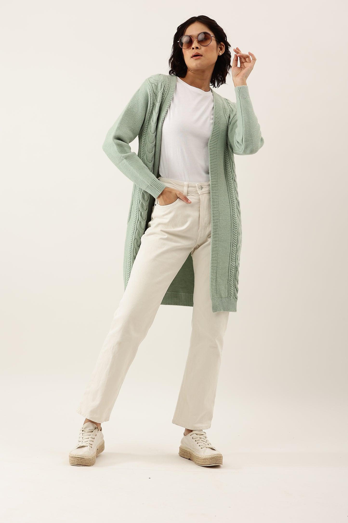 Broowl Women Sea Green Self Design Woollen Longline Shrug