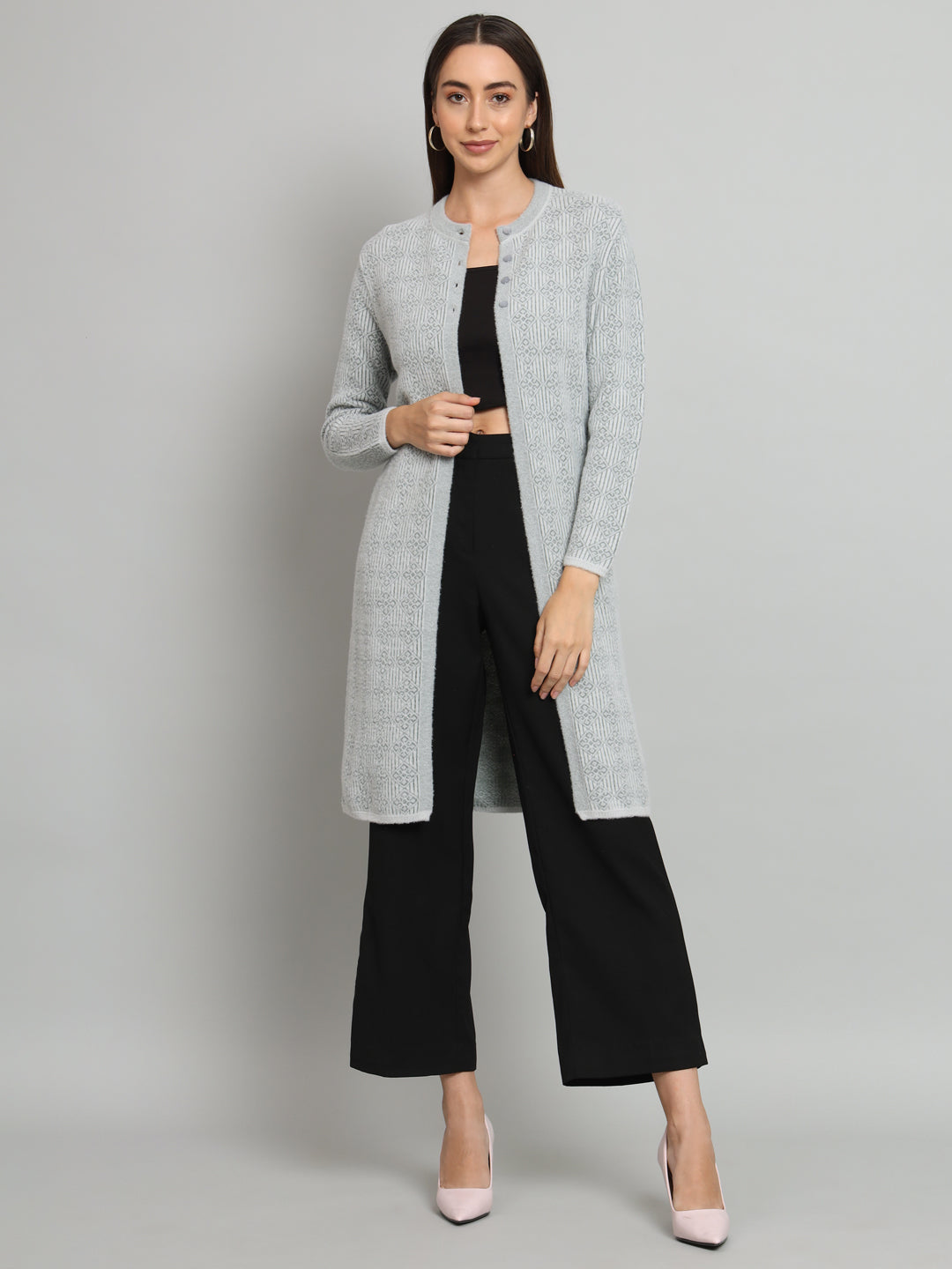 Grey Womens Geometric Longline Cardigan