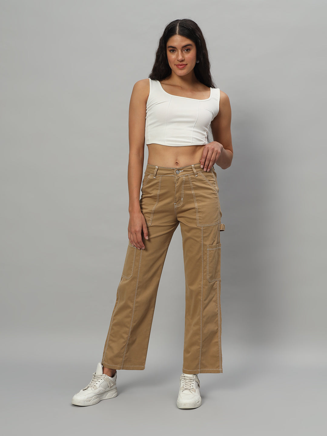 BROOWL Women Relaxed Loose Fit High-Rise Cargo Trousers