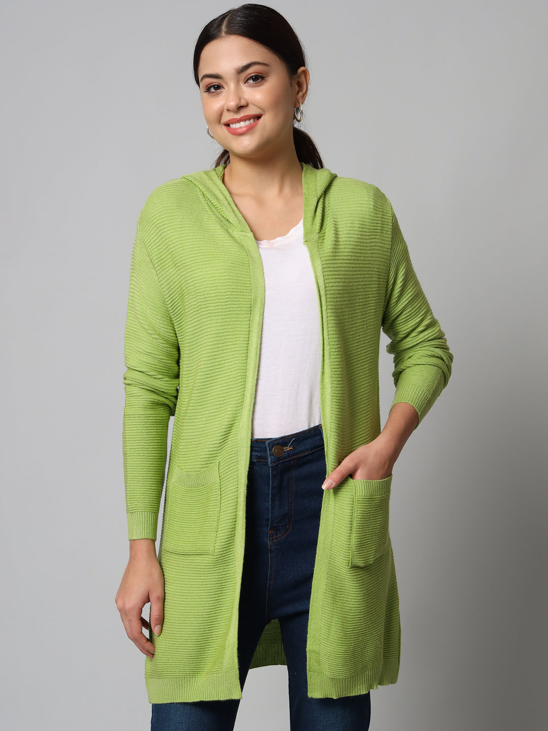 Broowl Women Green Striped Longline Shrug.