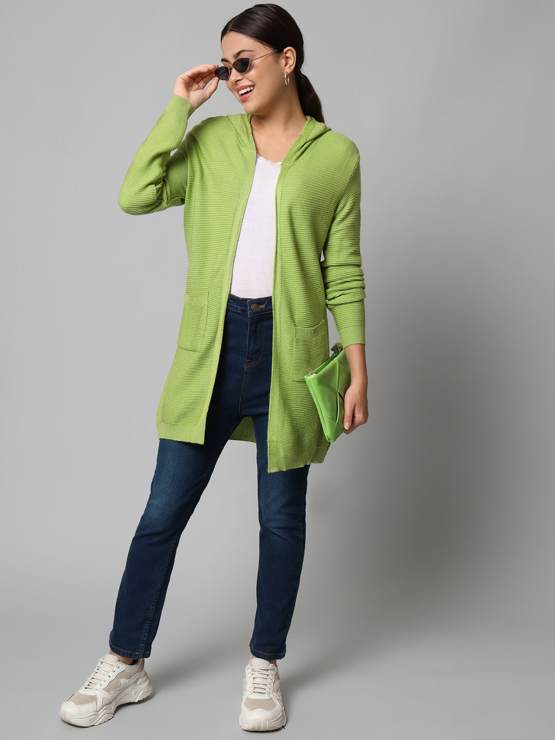 Broowl Women Green Striped Longline Shrug.