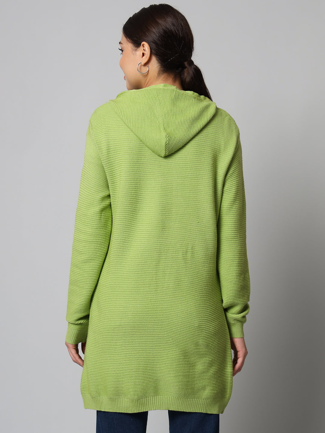 Broowl Women Green Striped Longline Shrug.