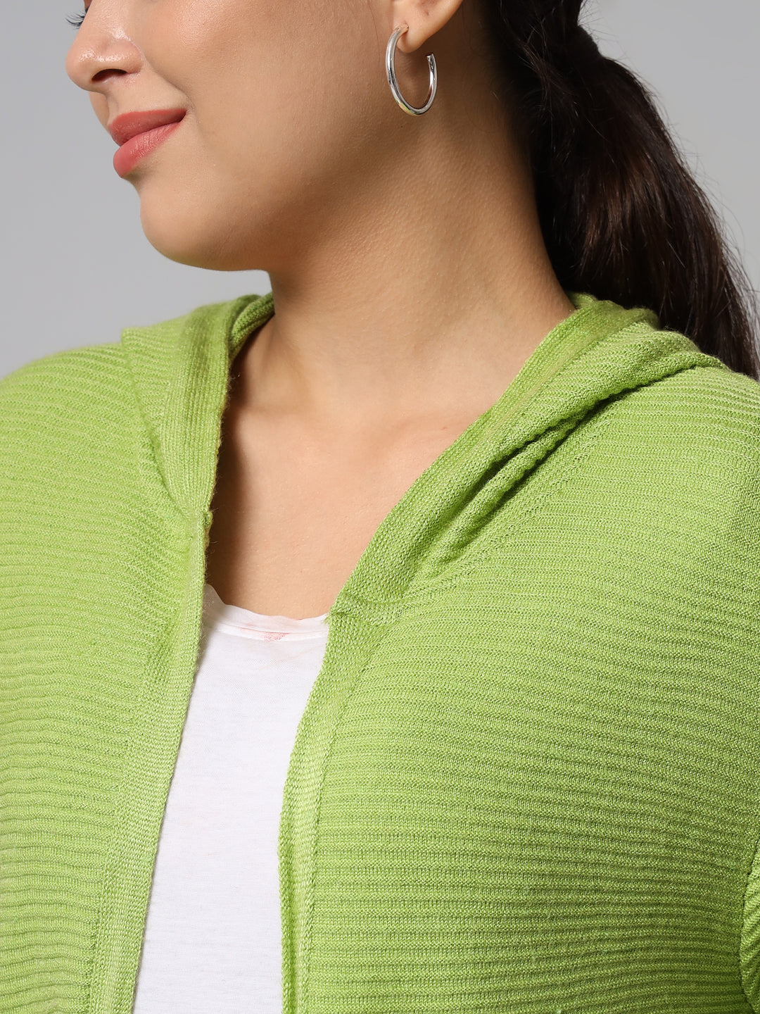 Broowl Women Green Striped Longline Shrug.