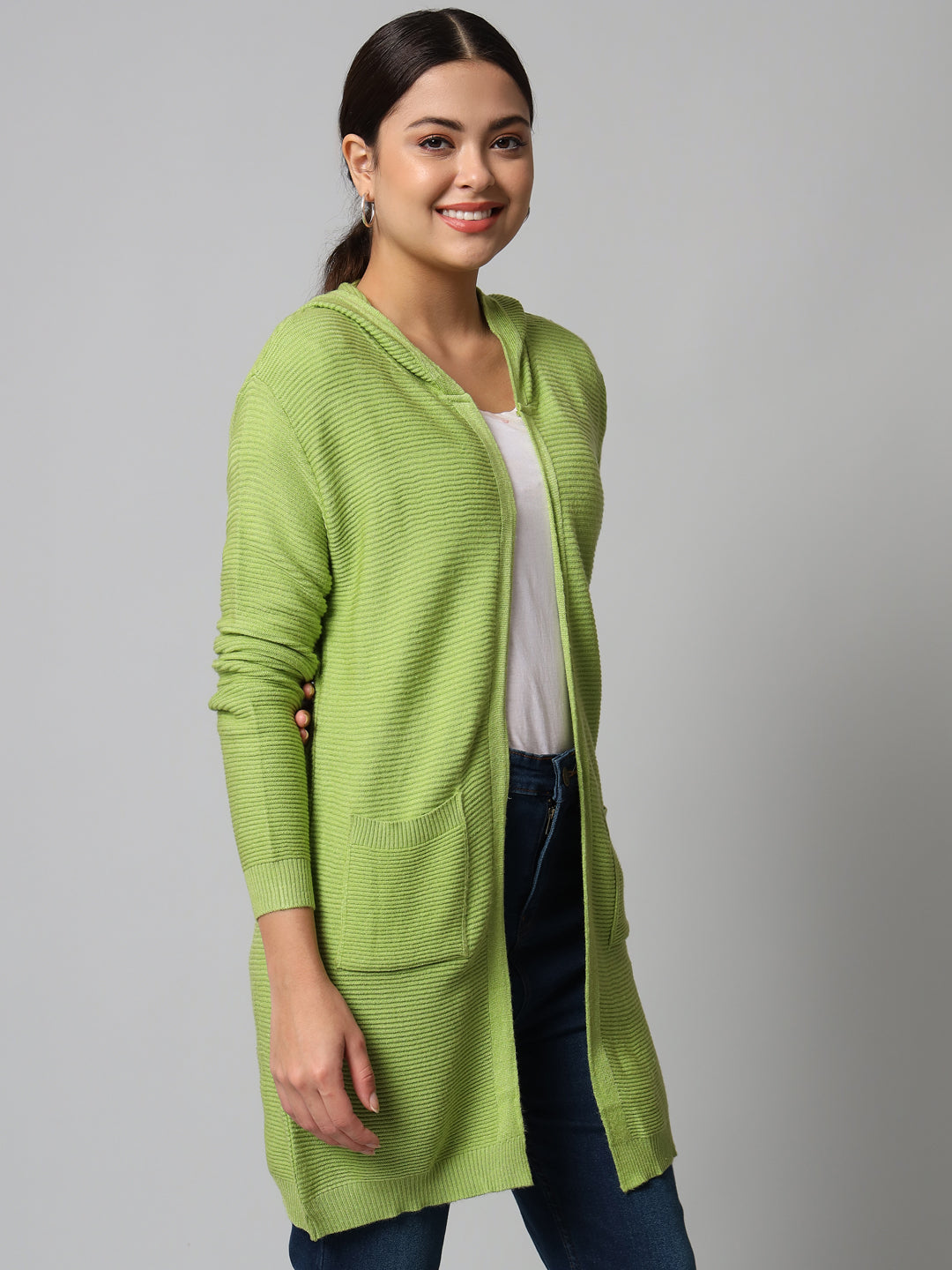 Broowl Women Green Striped Longline Shrug.