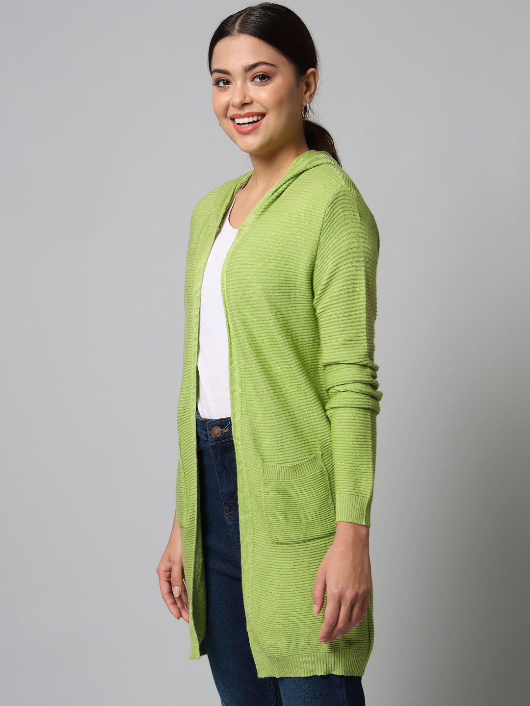 Broowl Women Green Striped Longline Shrug.