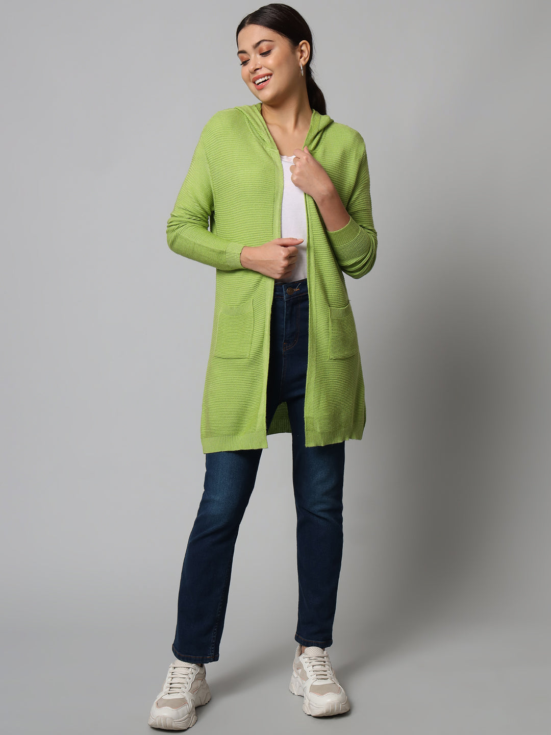 Broowl Women Green Striped Longline Shrug.