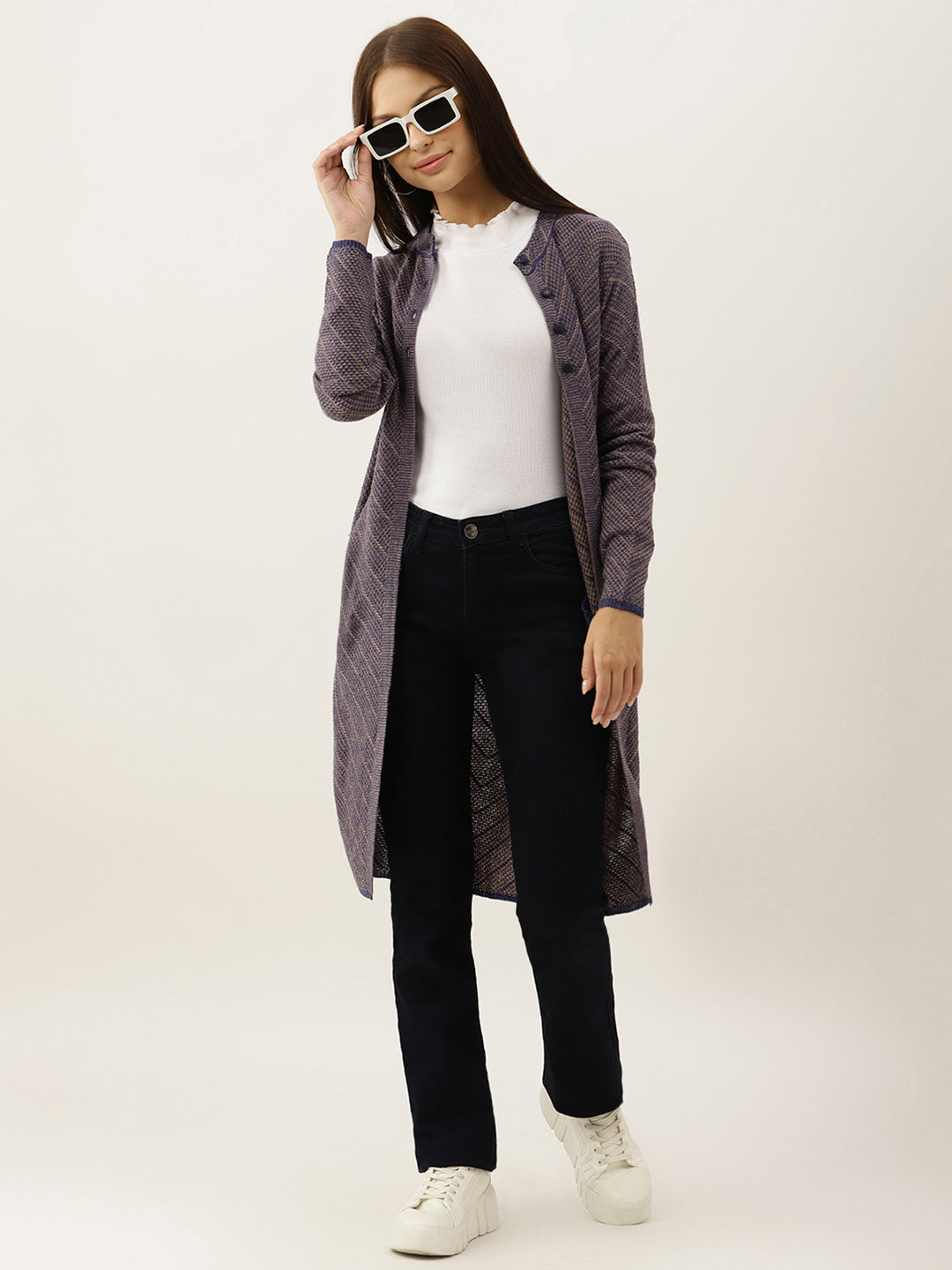 Broowl Women Mauve & Blue Woollen Self-Striped Longline Cardigan