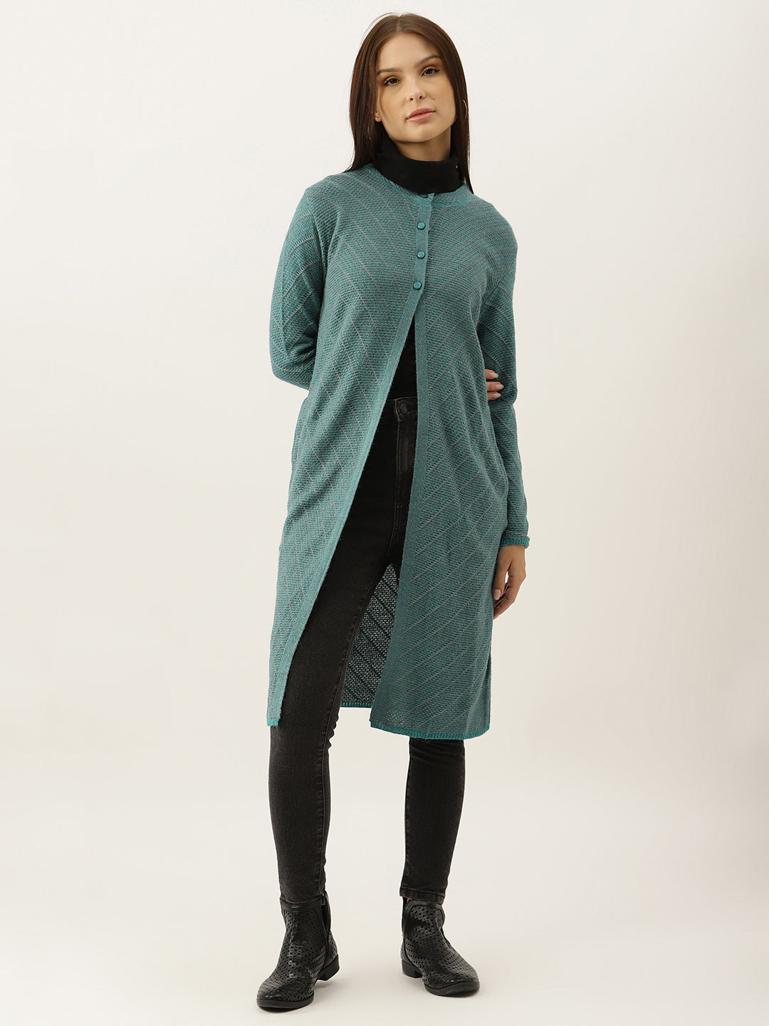 Women Sea Green Woollen Self-Striped Longline Cardigan