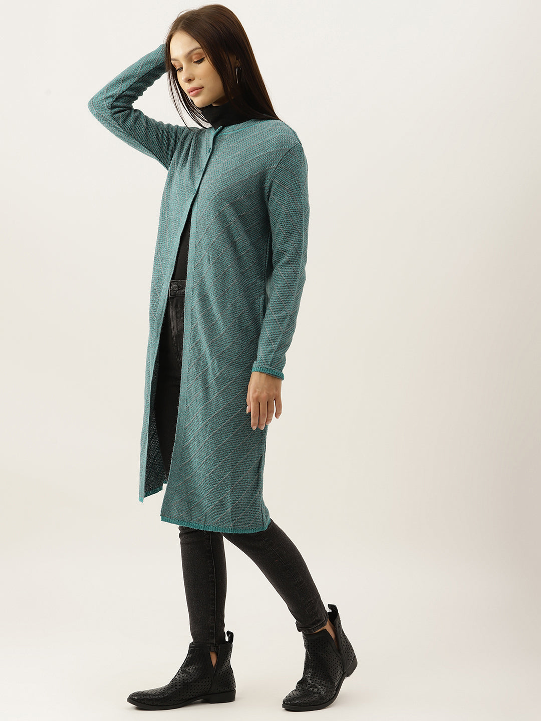 Women Sea Green Woollen Self-Striped Longline Cardigan