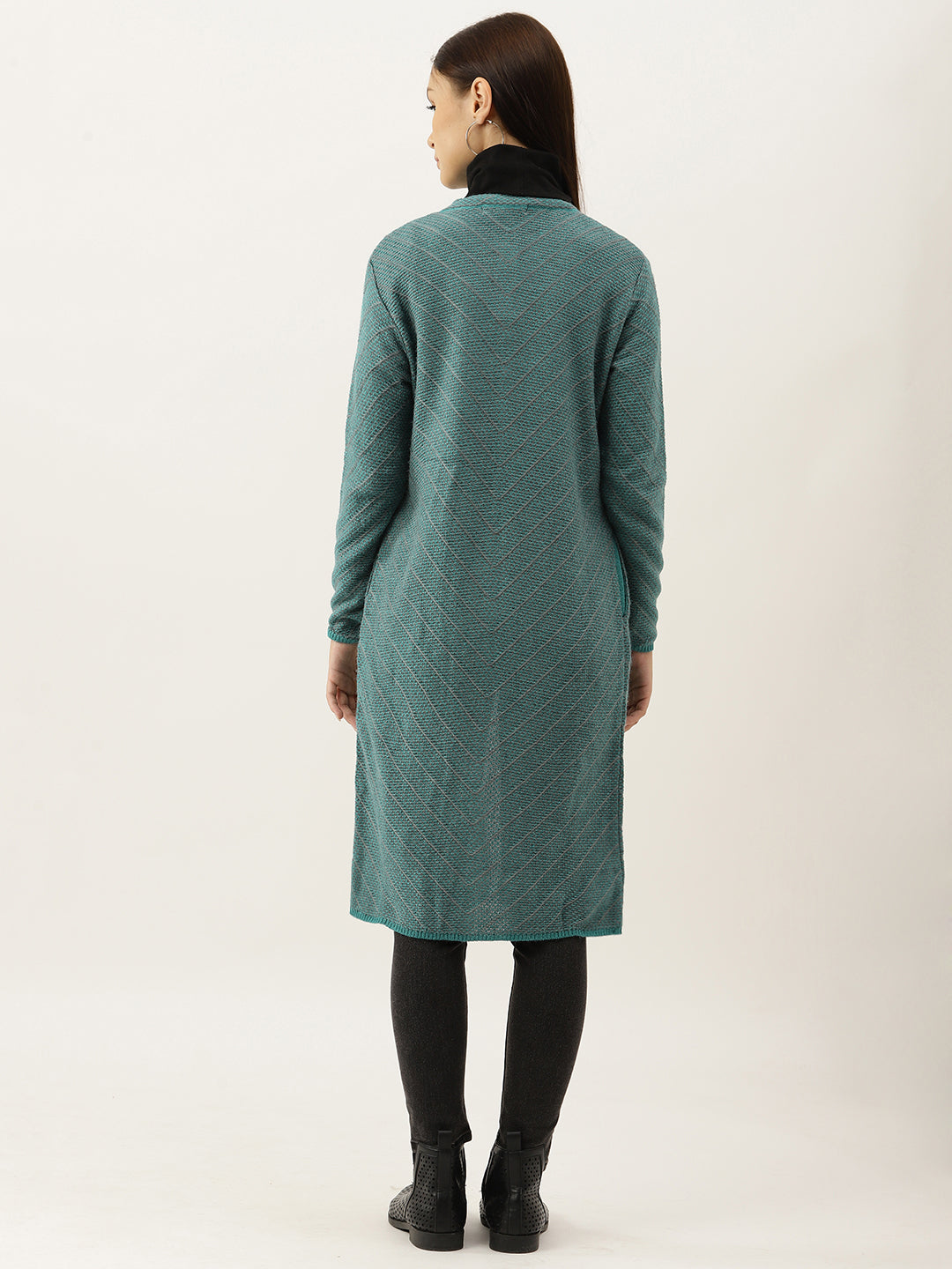 Women Sea Green Woollen Self-Striped Longline Cardigan