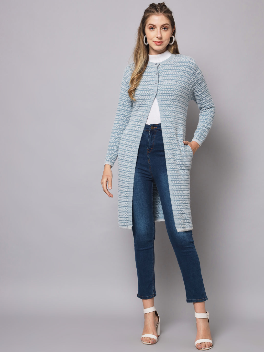 Broowl Round Neck Striped Longline Wool Cardigan