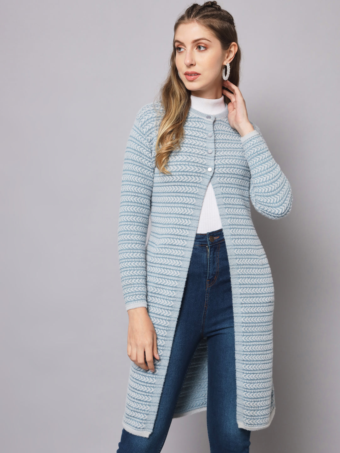 Broowl Round Neck Striped Longline Wool Cardigan