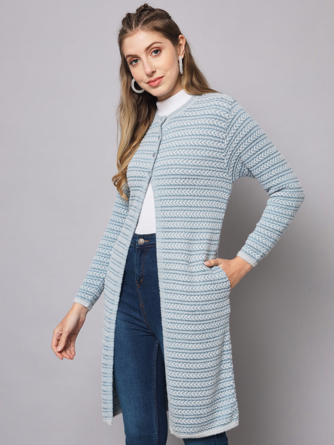 Broowl Round Neck Striped Longline Wool Cardigan