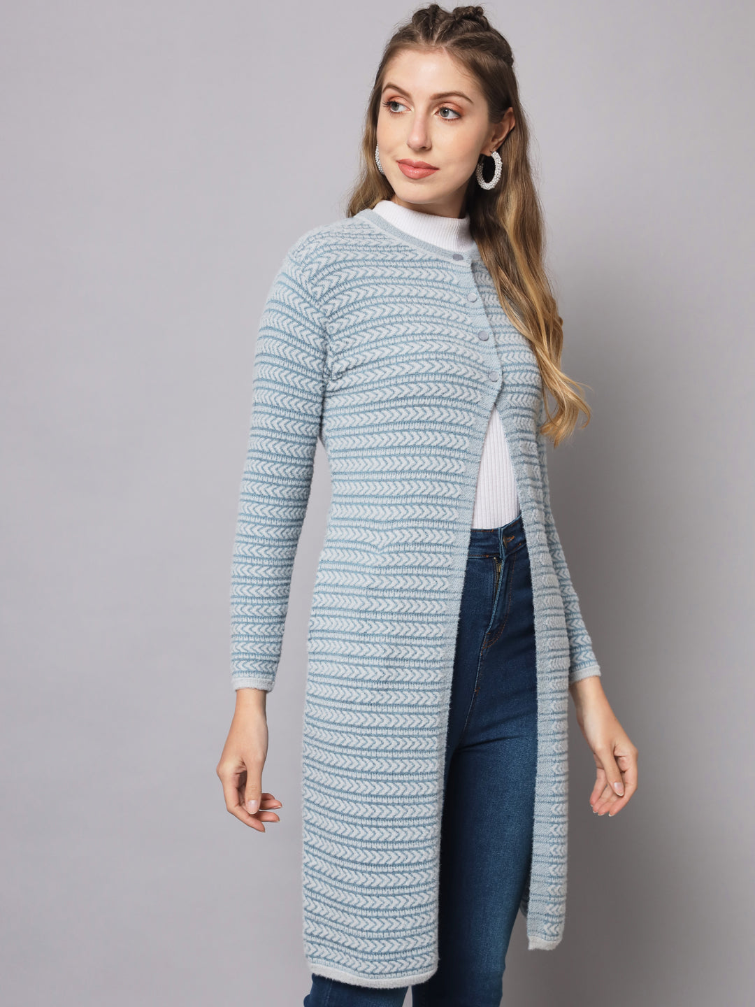 Broowl Round Neck Striped Longline Wool Cardigan