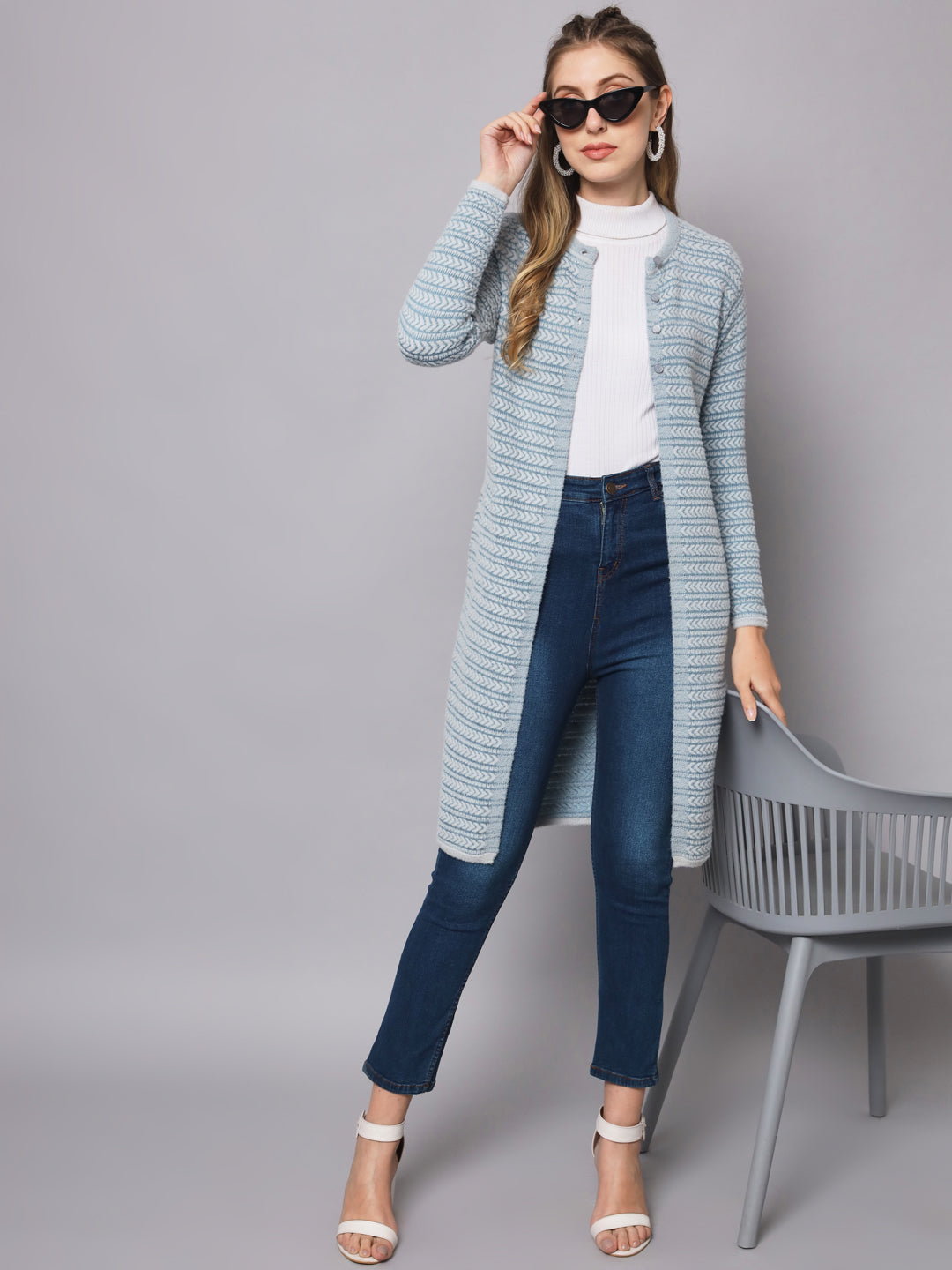 Broowl Round Neck Striped Longline Wool Cardigan