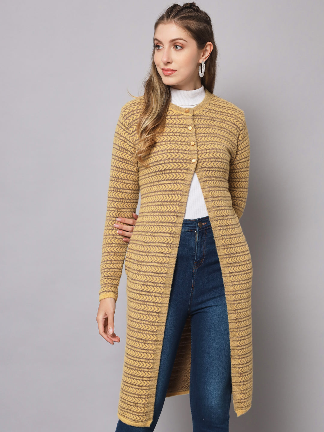 Broowl Women Yellow & Brown Wool Striped Longline Cardigan