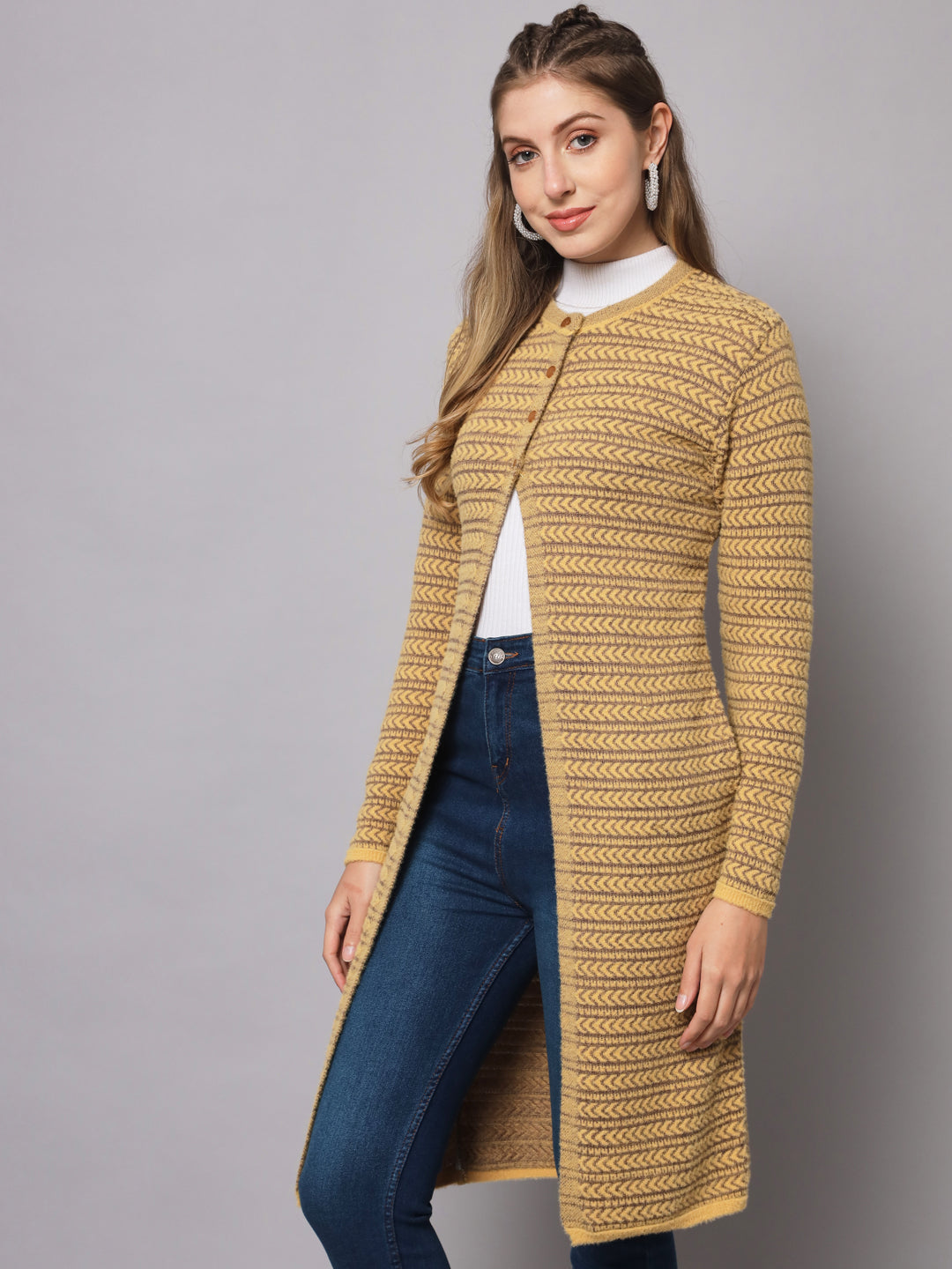 Broowl Women Yellow & Brown Wool Striped Longline Cardigan