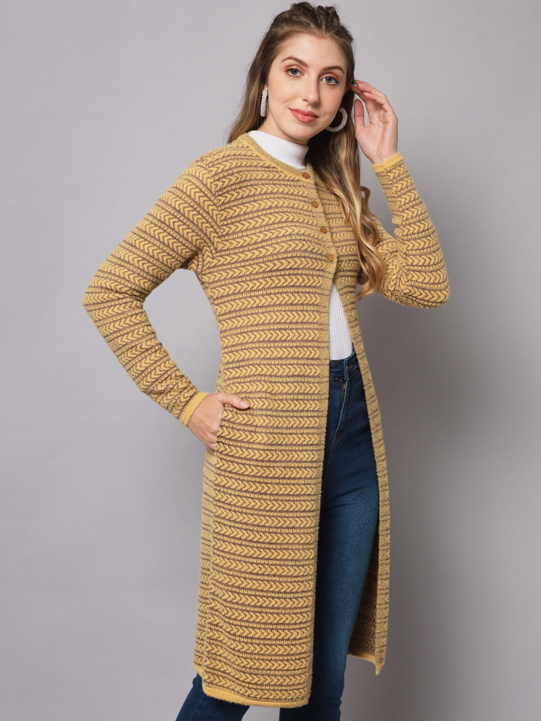 Broowl Women Yellow & Brown Wool Striped Longline Cardigan