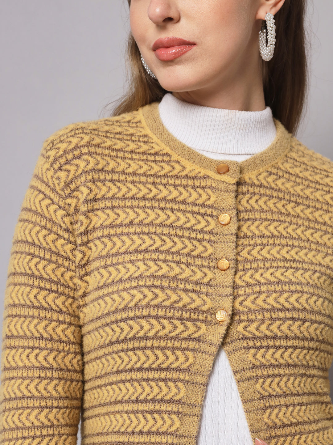 Broowl Women Yellow & Brown Wool Striped Longline Cardigan